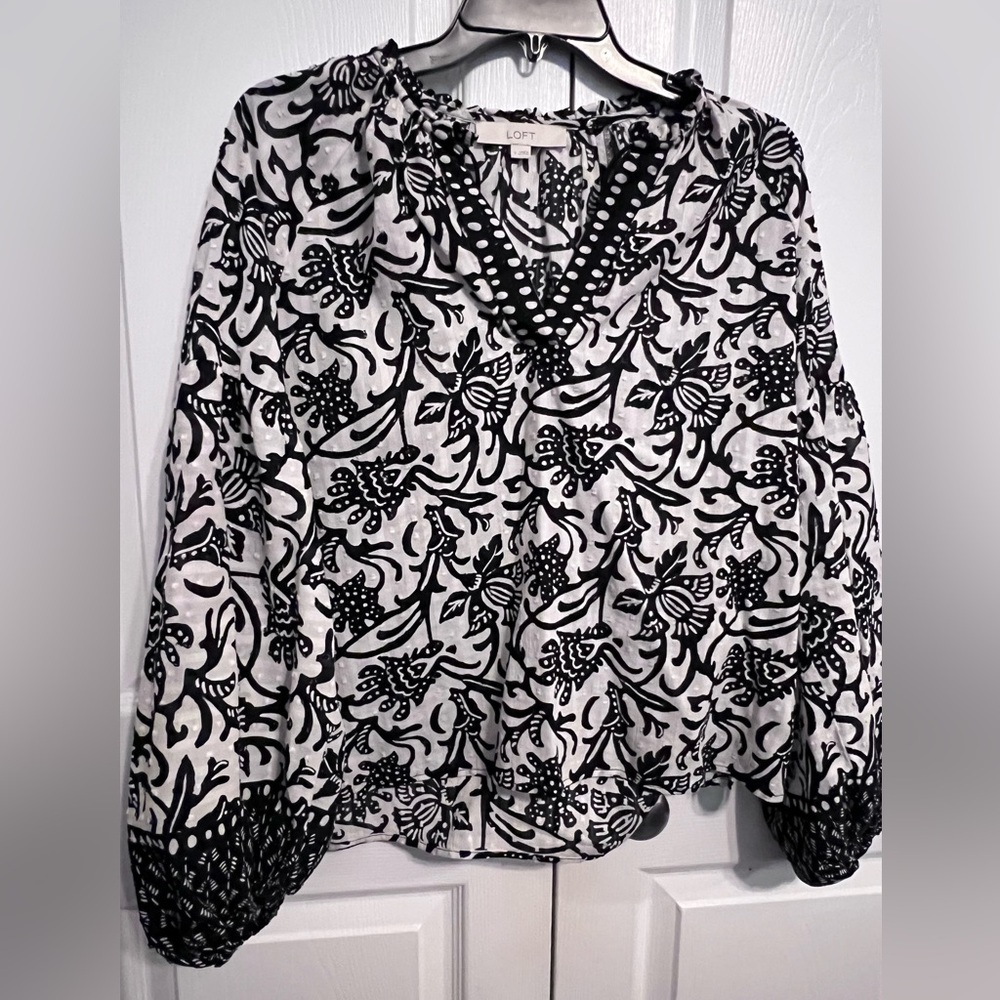 LOFT - Black and White Boho Blouse, Size Small - Picture 2 of 7